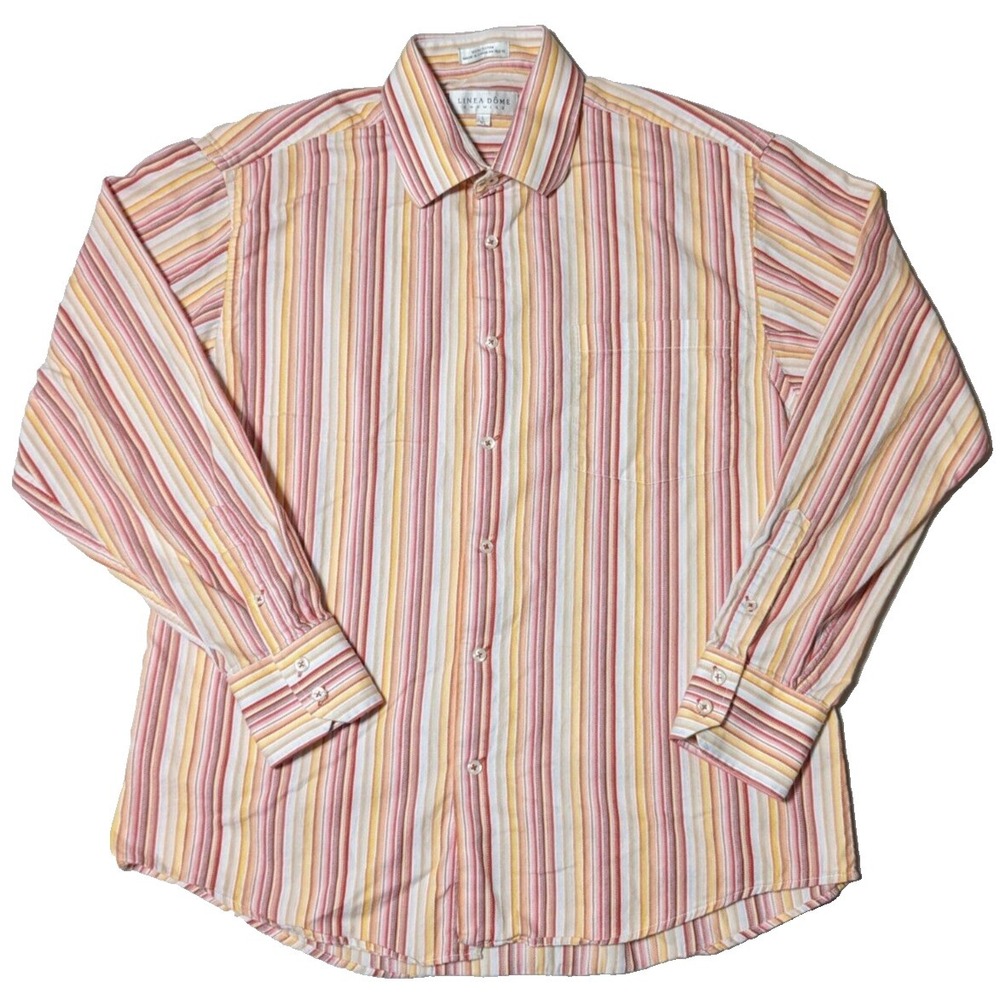 LINEA DOME CHEMISE Men Large (16.5) Red Orange‎ Striped Cotton Button Shirt